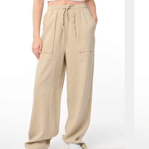 Blank NYC Stepping Out Pull On Baggy Linen Wide Leg Neutral Beige Pants M $98 - Picture 2 of 9